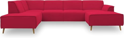 DOMO. collection Wohnlandschaft Jules FK, skandinavisches Sofa mit Federkern, Couch in U-Form mit Holzfüßen, 333 x 191 x 81 cm (BxTxH), Longchair rechts, rot