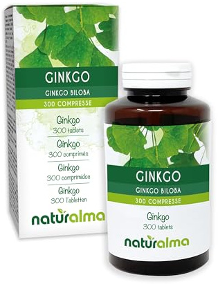 Ginkgo eller Kinesiskt tempelträd (Ginkgo biloba) blad Naturalma - 150 g - 300 tabletter - Kosttillskott - Naturligt och Veganskt