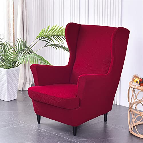 Highdi 2 Teilig Ohrensessel Überzug, Sessel-Überwürfe Ohrensessel Schonbezüge Bezug Sesselhusse Elastisch Stretch Tiger Stuhlbezug mit Armlehne Hohe Rückenlehne Universal (rot gestrickt)