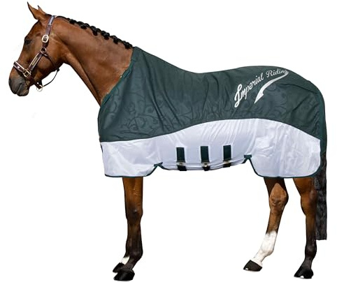 Imperial Riding Regen- & Fliegendecke Super-Dry 2-in-1-Decke ohne Halsteil, wasserabweisenden Deckschicht, Fliegenschutz durch atmungsaktives Mesh-Material, inkl. Bauchklappe, Dunkelgrün, 165