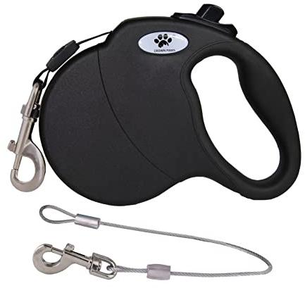CROWN PAWS 16ft Retractable Dog Leash for Medium Breed Dogs up to 44 lbs with a Detachable Chew Proof Extender Wire Ropes (Black M)