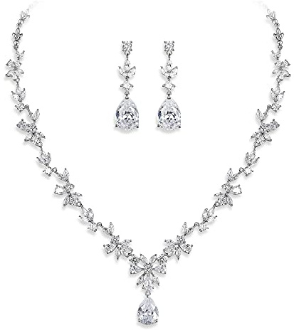 Clearine Wedding Jewellery Sets for Brides Elegant Teardrop Marquise Cubic Zirconia Leaf Cluster Pendant Necklace Drop Dangle Earrings Set Clear Silver-Tone