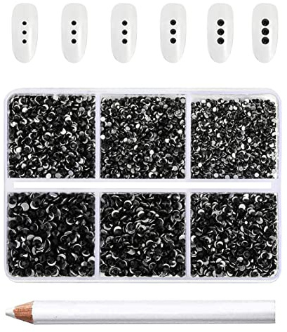 Beadsland Strasssteine für nägel,Schwarz,6 Größen gemischt,7200 Stk | Schwarze Strasssteine,SS3-SS10,Glasmaterial,Flacher Rückseite,für Sich Schminken,mit Wachsmalstift