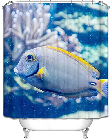 EHOMERY Duschvorhang Jalousie Duschrollo Badewanne Ohne Bohren Meeresfische Duschvorhang Leinen Badvorhang Ringe Polyester Rostfreie Ösen Und 12 Hakenringe, 180X180Cm