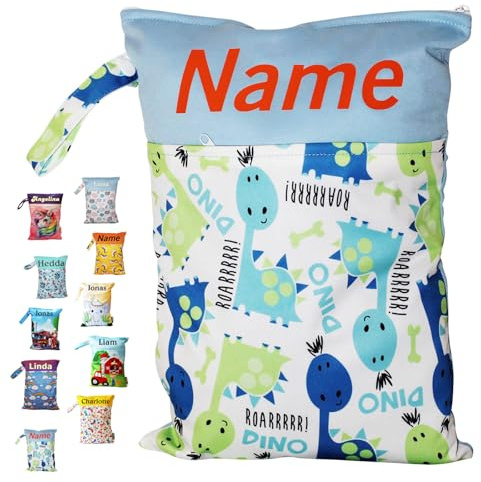 Weidenblatt In Deutschland mit Namen personalisierte Wetbag Nasstasche | mit 2 separaten Fächern, als Windelbeutel, im Kindergarten oder unterwegs (Dinos)