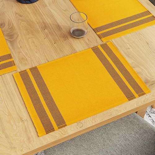 Encasa XO Juego de Manteles Individuales para Mesa de Comedor Set de 6 | Color Escalera Amarillo | Mantel de Algodón Acanalado Fino | Tamaño 46x32 cm | Lavable a Máquina