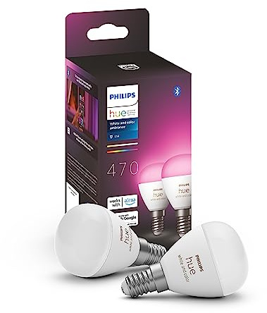 Philips Hue White and color ambiance, ampoule LED connectée sphérique compatible Bluetooth, E14, fonctionne avec Alexa, Google Assistant et Apple Homekit, lot de 2