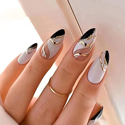 JUSTOTRY 24 Stück Gold Gestreift Mandel Nägel Zum Aufkleben Kurz,Schwarz French Press on Nails,Glossy Oval Kunstnägel Fake Nails Mittel,Fingernägel Künstliche Nägel für Frauen