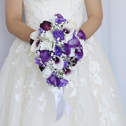 COPUT Artificial Calla Lily Bridal Wedding Bouquet, 10 Inch Real Touch Latex Purple Calla Lily Artificial Rose Flower Bouquets for Engagement Anniversary Rustic Vintage Wedding (Bouquet)