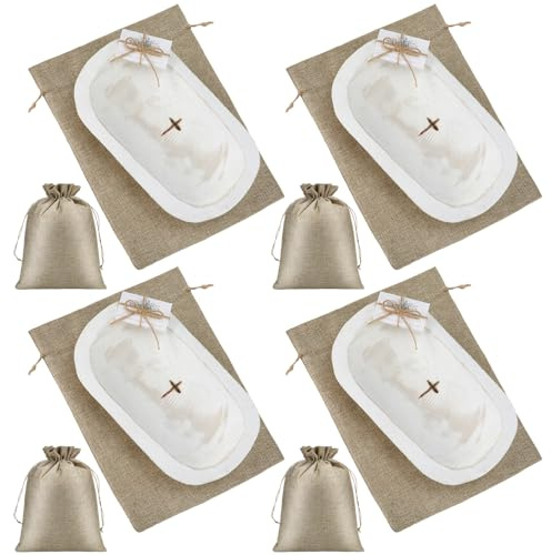4 Sets Prayer Small Dough Bowl with Cards Small Mini Rustic Farmhouse Cross Bowl Christian Cross Prayer Religious Dough Bowl Gift with 10 Prayer Card Twine Resin Bread Bowl with Linen Bag (White)