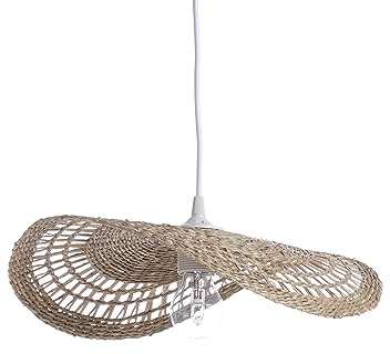 LUSSIOL - Luminaire Ondine, lustre bohème, naturel - lampe suspendue en rotin tressé naturel - cable plastique blanc, douille E27 - possibilité ampoule LED 60W maxi, Diam. 38 x H. 7 cm