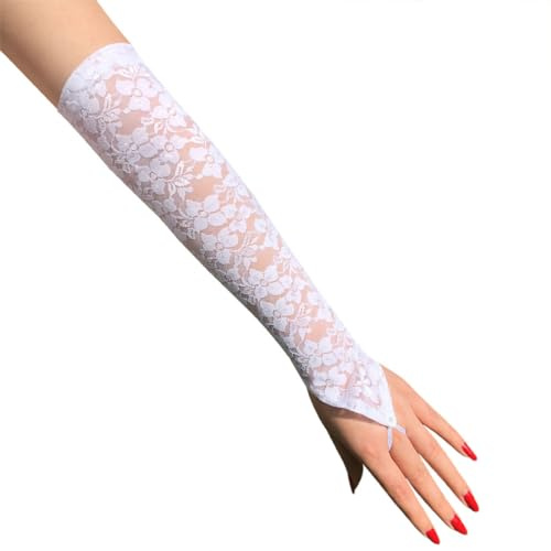 ZKSXOA 1920s Largo sin Dedos Boda Novia Tarde Guantes,Guantes Largos de Encaje para Mujer,Mujer para Fiesta Banquete Boda,Blanco