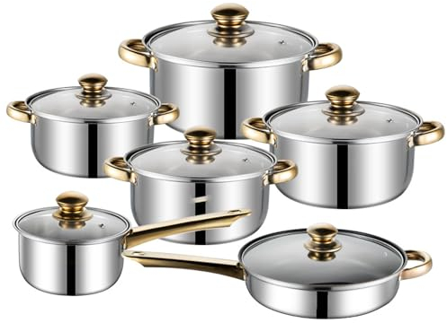 Casserole En Acier Inoxydable Lot 12pcs, Poignée Dorée Ergonomique Ensemble Multifonction Avec Poêle Friteuse Marmite Soupe 1.2L À 4.2L Compatible Toutes Plaques Cuisson