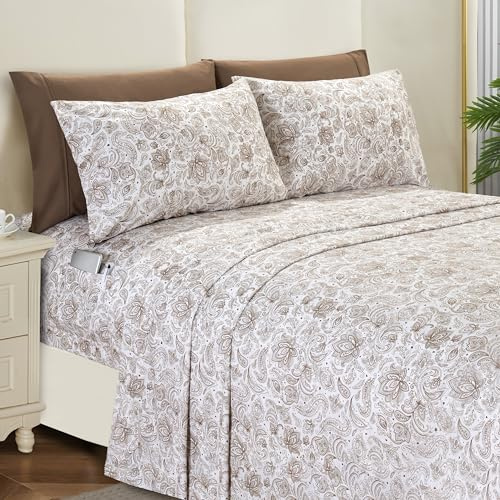 Elegant Comfort Softest and Coziest 6-Piece Bed Sheets King Size Sheet Set - 1500 Premium Hotel Quality Microfiber - Deep Pocket, Wrinkle Resistant Paisley Pattern, Paisley Taupe