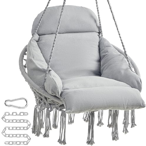 SONGMICS Sedia Altalena, Sedia Amaca, Cuscino Ben Imbottito, Sedia Sospesa Boho, Camera da Letto Balcone Giardino Soggiorno, Regge 120 kg, Accessori Inclusi, Grigio Tortora GDC042G11V3