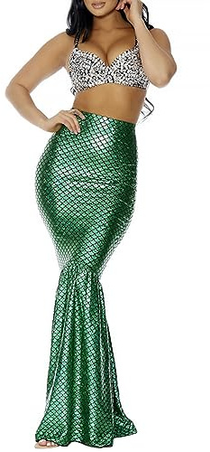 Meerjungfrauenschwanz-Rock für Damen, Kostüm, ausgefallene Pailletten, langer Schwanz, schmale Passform, Rock mit Perlenkette für Cosplay-Party, B-grün, M