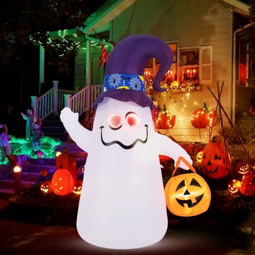 GOPLUS 180cm Aufblasbarer Halloween Geist, aufblasbarer Geist mit Kürbislaterne, eingebauten LED Lichtern & Luftgebläse, aufblasbare Hofdekoration für Garten Rasen Halloweenparty