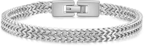 JSNOM Mens Bracelet Stainless Steel: Double Franco Chain Wrist Bracelets with Stainless Steel Closure, Black Silver Gold Link Bracelets for Men Women (Silver, 7.5inch)