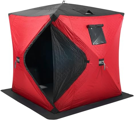 VEVOR Portable Ice Shelter, 3-4 Person Insulated Pop-Up Ice Fishing Tent, 35 Square Feet Fishable Area, Thermal Ice Shanty for Winter Fishing, Ice Cube with Anchors, Ropes, Carrying Bag, 71x71, Red
