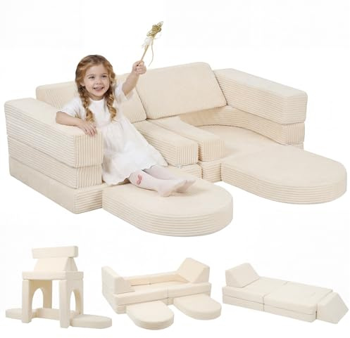 MeMoreCool Corduroy Kids Sofa, Modular Toddler Chair Couch, Fold Out Foam Couch for Girls Boys, Convertible Armchair Children Sofa, Beige