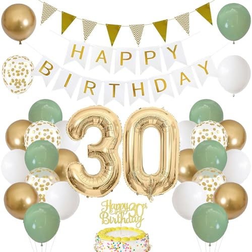 30. Geburtstag Dekoration Salbeigrüne, Grün Gold Luftballon Deko 30. Geburtstag mit Zahl 30 Folienballon, Happy Birthday Banner, Tortendeko für 30. Happy Birthday Deko Frau Mann