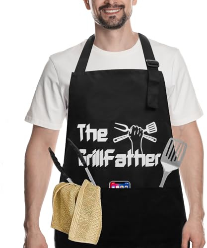 Newthinking Grembiule da barbecue da uomo, regolabile, personalizzabile, con 3 tasche e cinturino regolabile, divertente grembiule da cucina nero per uomini e donne, Nero , XXL