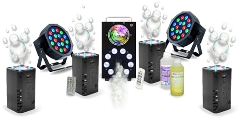 Ibiza Light - Pack Lumière DJ complet Machine Fumée FOGGY-ASTRO - 2 PAR LED 18 W - 4 machines Bulles LED BUBBLE-DREAM - Soirée Scène Anniversaire