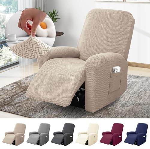 BOYIFEIJIE 1-Sitzer Sessel Überzug, Sesselbezuge Stretch mit Taschen, All-Inclusive Streifen-Jacquard Sesselschoner für Fernsehsessel Relaxsessel Sesselhusse (Taupe, 4-Teilig)