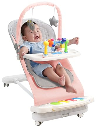 Baby Bouncer, Baby Rocker with Feeding Tray, Removable Bar, Thickened Cushion and Wheels. 4-Level Adjustable Bouncer Chair for Infants 0-18 Months (Pink)