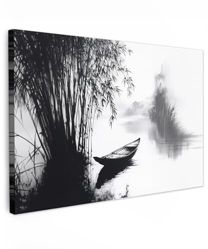 MuchoWow© Leinwandbilder Groß XXL Wall Art Decoration Bilder für die Wand | 120x80 cm - Schlafzimmer Deko Canvas Painting Wanddekoration Wohnzimmer Boot - Fluss - Bambus - Weiß