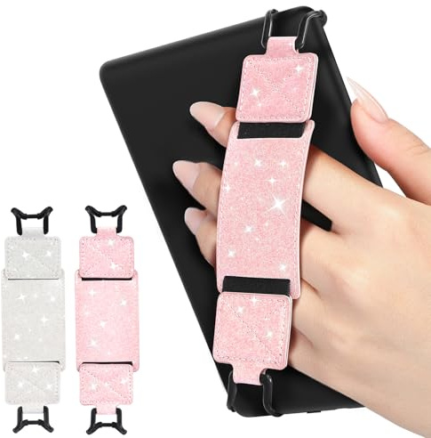 MoKo 2 Pack Hand Strap for 6-8 Kindle eReaders Tablets,Shiny Pink White | eReader Accessories for 6-8 Kindle/Kobo/Sony Tablets, Black High-Elasticity Hand Strap, Lightweight Finger Grip Holder
