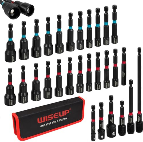 WISEUP Set of 29 Magnetic Nut Drivers, 1/4-inch Impact Socket and Hex Shank Set, SAE and Metric Cr-V Steel Nut Drivers, Includes Holder