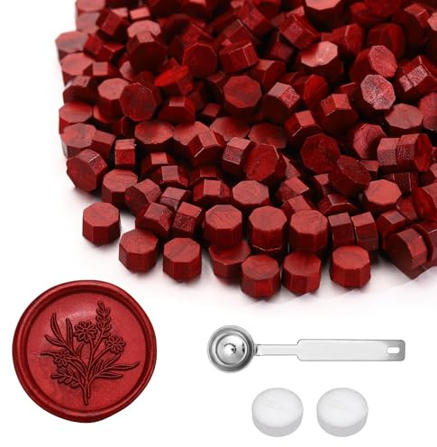 Yoption 360Pcs Blood Red Sealing Wax Beads with 2 Spoons and 4 Tea Candles for Wax Seal Stamps, Cards, Wedding Invitations, Wine Packaging, Gift Wrap, Envelopes