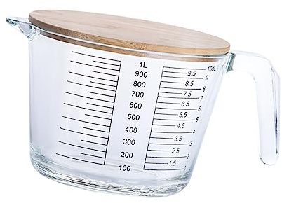 ABOOFAN Vaso Medidor con Escala y Tapa de Madera Taza Medidora Práctica de Vidrio Resistente al Calor para Jugos y Cremas en Cocina