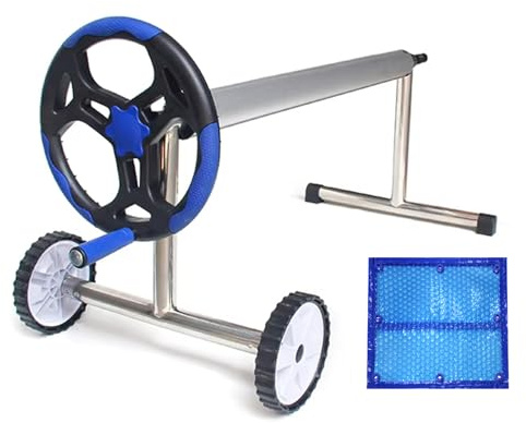 Pool Cover Roller System Set Telescopic Aluminum Pool Solar Cover Reel with Wheels and Hand Crank Swimming Pool Solar Blanket Roller for Inground/Above Ground Pools