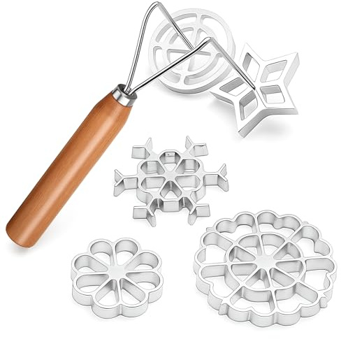 Zhehao 6 Piece Rosette Iron Mold Set with Double Headed Handle Bunuelos Molds with 5 Interchangeable Heads Timbale Cookie Mold Tool for Waffles Cakes Biscuits for Baking Cooking Kitchen