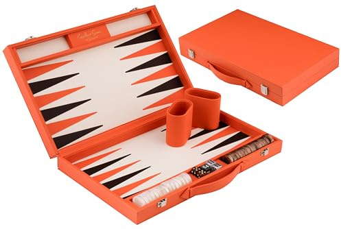 Engelhart-250564 – Backgammon 15 Zoll (38,6 cm) Luxus Koffer Kunstleder Orange – Intarsienbrett – Offen 47,4 × 38,6 cm – Schwarz/Orange Steine – Würfel & Becher – Klassisches Brettspiel