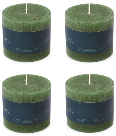 Stumpenkerzen Rustic 4er Set 7x7 cm - Brenndauer: 25 Std., rußfrei, 100% Paraffin - für Kerzenständer, Kerzenhalter, Weihnachten, Hochzeit, Blockkerze, Kerze, Adventskranz, Advent (dunkelgrün)