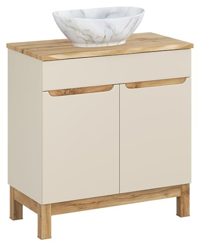 Lomadox Badezimmer Waschtisch 80 cm in Kaschmir und Eiche mit Aufsatzwaschbecken & Baumkantenoptik, stehend, modern, grfflos