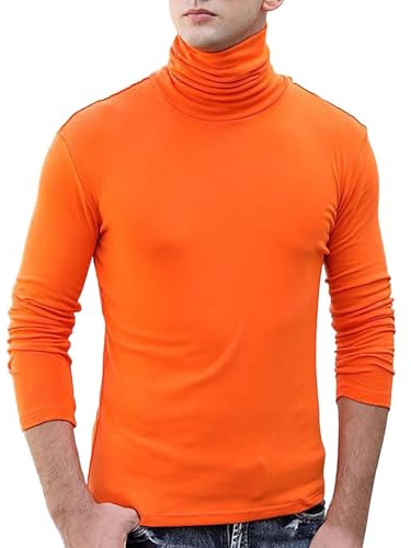 Chemises à col montant pour homme à col roulé et manches longues - Couleur unie - Couche de base, Orange, 5XL