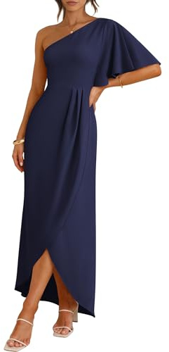 ANRABESS Womens One Shoulder Formal Midi Dresses 2026 Summer Wrap High Slit Beach Wedding Guest Party Cocktail Maxi Dress Navy Blue Medium