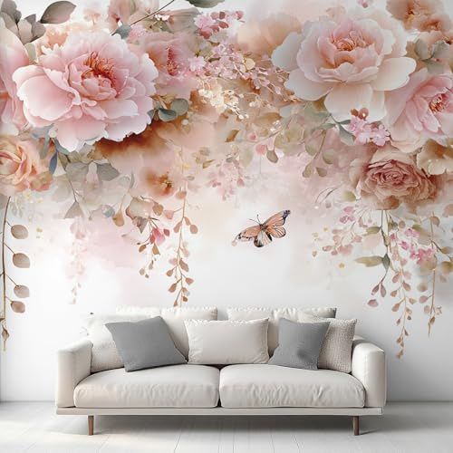 Pink Peony Photo Wallpaper, Floral Botanical Flower Wallpaper Mural, 350x256cm Wall Paper for Bedroom Living Room, Non-Woven Wall Mural Room Decor EL&D77