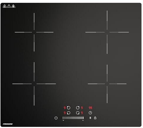 FIREGAS Plaque Induction 4 Feux 7400W, Table de Cuisson Électrique Encastrable 60cm, Plaque de Cuisson Induction avec 2 Boosters, 9 Niveaux de Puissance, Ultra-Silencieuse, Minuterie, Garantie 2 Ans