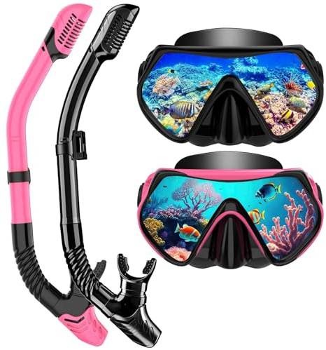 Snorkeling Gear for Adults, Dry-Top Snorkel Set Scuba Diving mask, 180°Panoramic Wide View Professional Snorkeling Gear Breathing Freely Snorkel Mask (Black+Pink)