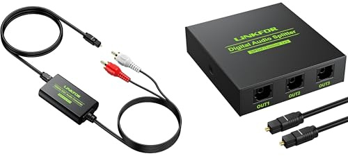 LiNKFOR Kit Audio Digitale Professionale: Convertitore da Ottico a RCA Stereo con Chip Amplificatore 192kHz + Splitter Toslink 1x3 per Segnale 5.1CH, Adattatore e Distributore per Collegare TV HD, Blu