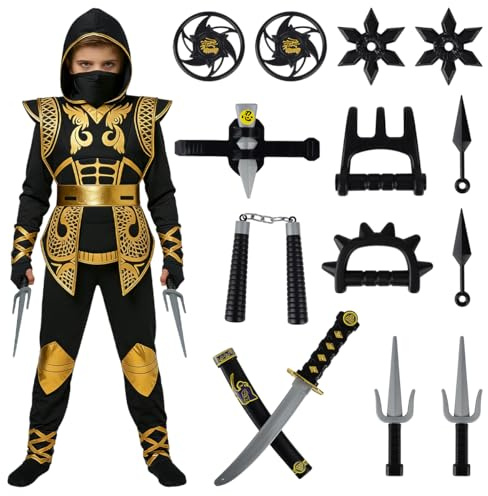 CHMMY Costume Ninja Enfant Doré Ensemble Complet Carnaval Halloween avec Armure, Épées et Shurikens pour Garçons et Filles (M)