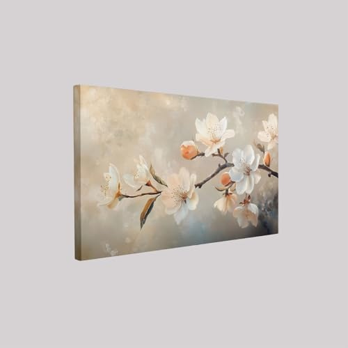 Quadro su Tela Moderno Fiori di pesco in piena fioritura 50 x 40 cm Stampa Giallo Grigiastro con Cornice Pronta da Appendere per Decorazione Parete Soggiorno Camera Cucina
