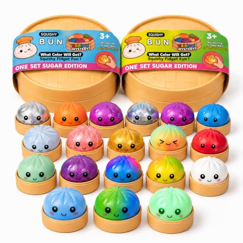 XXL Mystery Dumpling Squishy Buns 1er, 3er, 4er Set – Glitter & Matt & Glow Überraschungsfarbe – 9,5cm Squeeze Toy mit Steamer Box – Anti Stress Ball Knetball Baozi Mochi