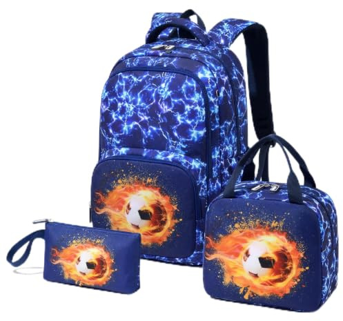 Amythe Cartable École Garçons Classes de 3 à 9 3 pièces Voyage Set, Flamme | 3 pièces Grand Imperméable Bretelle Poitrine Compartiment Laptop Flamme Daypack Multi-Poches Spacieux Robuste pour École