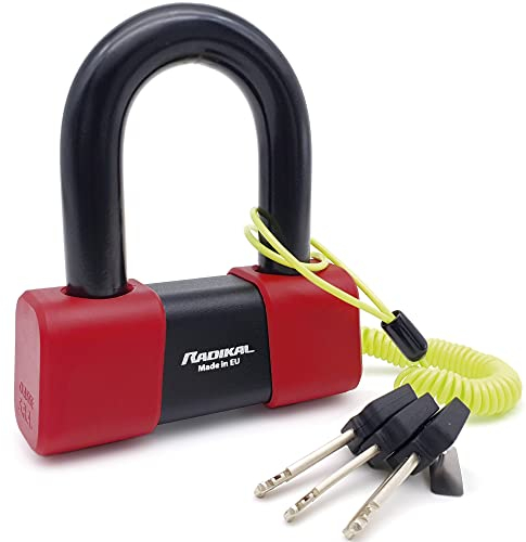 RADIKAL RK75 Antifurto Moto Sicurezza Premium, Blocca Disco per Moto Omologato SRA, Lucchetto Mini U 18mm Doppio Bloccaggio, Serratura Antiscasso, Bloccadisco Acciaio Cementato, Cavo Promemoria